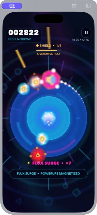 An actual Flux Orbit gameplay capture, with a ship, glowing orbital rings, and approaching hazards.